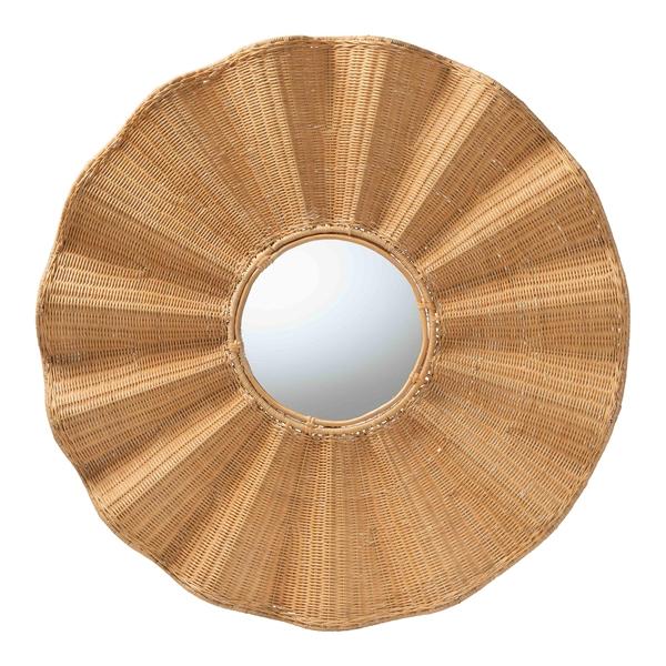baxton studio bali & pari Palm Scalloped Rattan Wall Mirror - Handwoven Wicker Round Accent Mirror Boho Decorative Wall Art for Entryway or Living Room