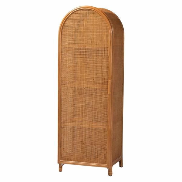 baxton studio bali & pari Paloma Arched Rattan Accent Cabinet with Shelves - Handwoven Cane Display Unit with Door Boho Chic Decorative Furniture Piece for Living Room Entryway or Sunroom