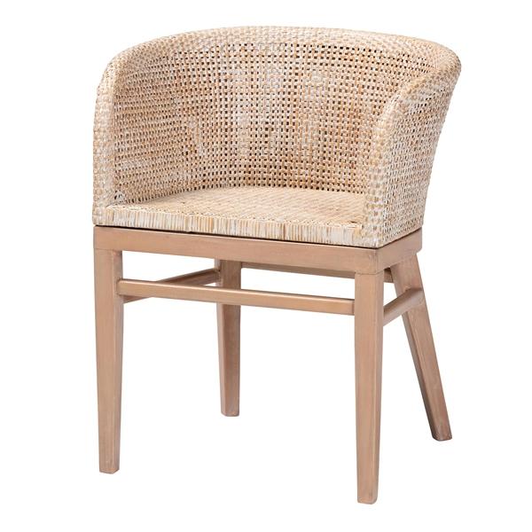 baxton studio bali & pari Papua Modern Bohemian Antique White Washed Rattan and Mahogany Wood Dining Chair