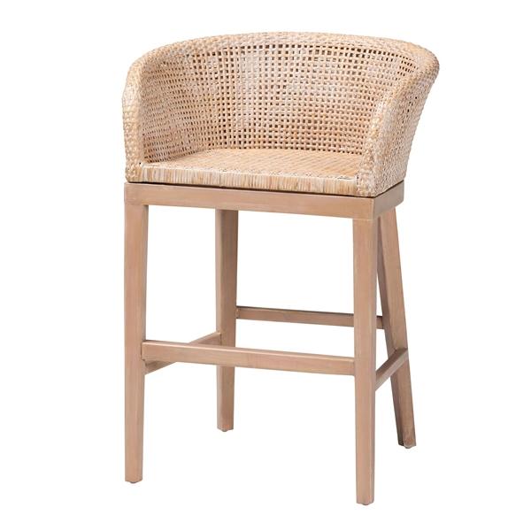 baxton studio bali & pari Papua Modern Bohemian Antique White Washed Rattan and Mahogany Wood Counter Stool