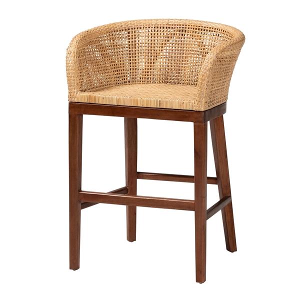 baxton studio bali & pari Papua Modern Bohemian Natural Rattan and Walnut Brown Acacia Wood Counter Stool