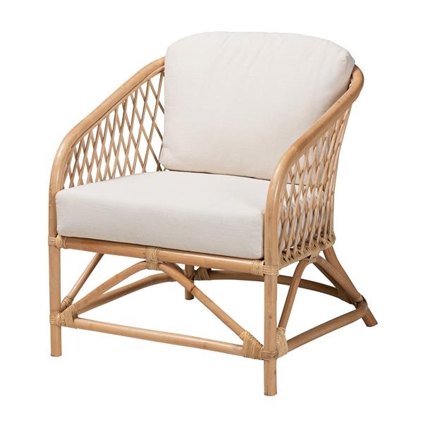 baxton studio bali & pari Patsy Modern Bohemian White Fabric and Natural Brown Rattan Armchair