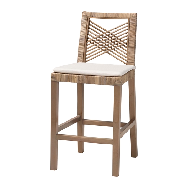 baxton studio bali & pari Poltak Modern Bohemian Grey Natural Kubu Rattan and Mahogany Wood Counter Stool