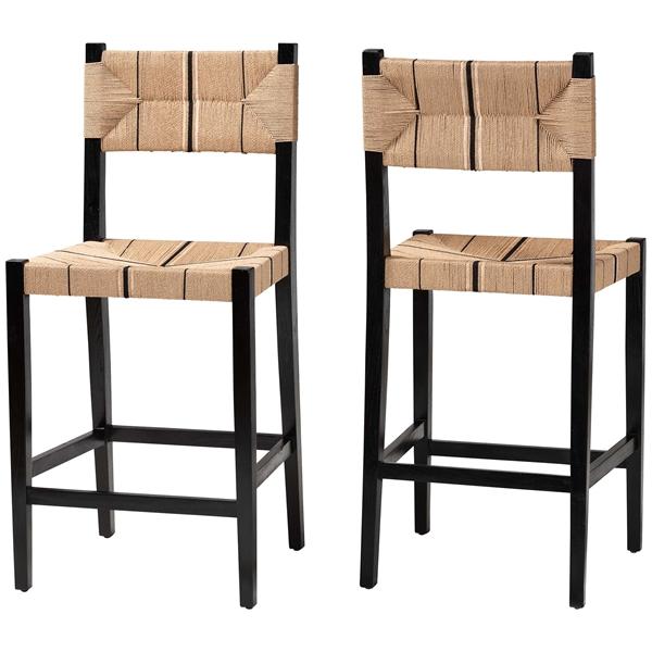 baxton studio bali & pari Prita Bohemian Paper Loom and Black Mahogany Wood 2-Piece Bar Stool Set