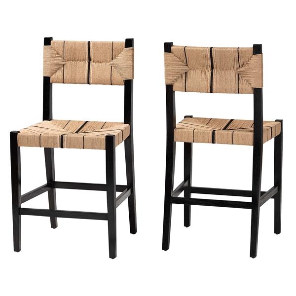 baxton studio bali & pari Prita Bohemian Paper Loom and Black Mahogany Wood 2-Piece Counter Stool Set