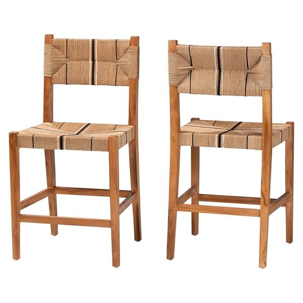 baxton studio bali & pari Prita Bohemian Paper Loom and Natural Mahogany Wood 2-Piece Counter Stool Set