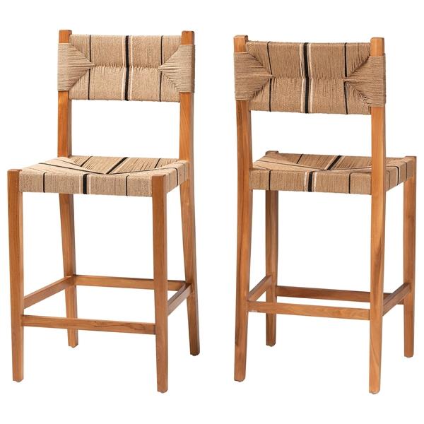 baxton studio bali & pari Prita Bohemian Paper Loom and Natural Mahogany Wood 2-Piece Bar Stool Set