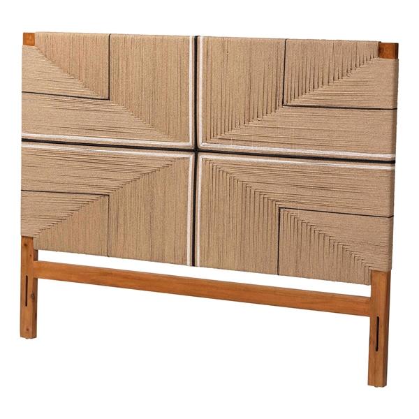 baxton studio bali & pari Prita Paper Loom Headboard with Mahogany Wood Frame Handwoven Bed Backrest Panel with Geometric Design Boho Rustic Bedroom Accent King Size