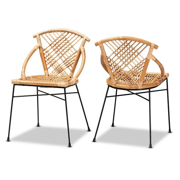 baxton studio bali & pari Pro Modern Bohemian Natural Brown Rattan and Black Metal 2-Piece Dining Chair Set