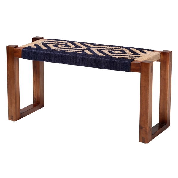 baxton studio bali & pari Prunella Modern Bohemian Two-Tone Navy Blue and Natural Brown Seagrass and Acacia Wood Accent Bench