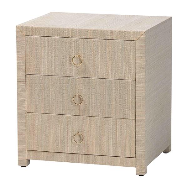 baxton studio bali & pari Quinn Bohemian Woven Natural Grasscloth 3-Drawer Nightstand