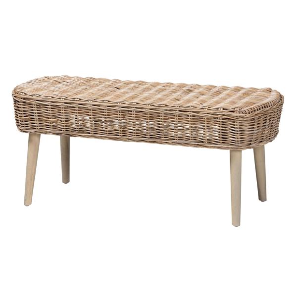 baxton studio bali & pari Raisa Modern Bohemian Natural Kubu Rattan and Grey Acacia Wood Accent Bench