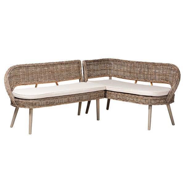 baxton studio bali & pari Raisa Modern Bohemian Natural Kubu Rattan and Grey Acacia Wood 2-Piece Dining Nook Banquette Set