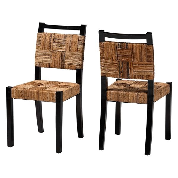 baxton studio bali & pari Raniya Handwoven Seagrass Dining Chair Set of 2- Solid Mango Wood Frame with Woven Seat and Backrest Rustic Boho Style Kitchen or Dining Room Seating Black
