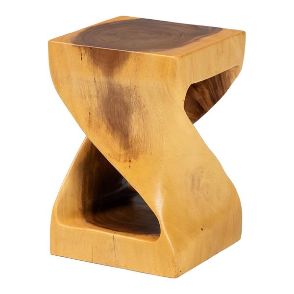 baxton studio bali & pari Rapha Hand -carved Suar Wood Side Table with Shelf - Sculptural Accent Table with Twist Design Modern Boho Style for Living Room or Bedroom