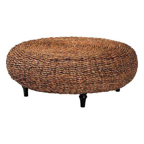 baxton studio bali & pari Riau Handwoven Seagrass Coffee Table with Wooden Legs - Natural Wicker Round Living Room Table for Living Room or Bedroom Decor