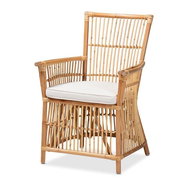 baxton studio bali & pari Rose Modern Bohemian White Fabric Upholstered and Natural Brown Rattan Armchair