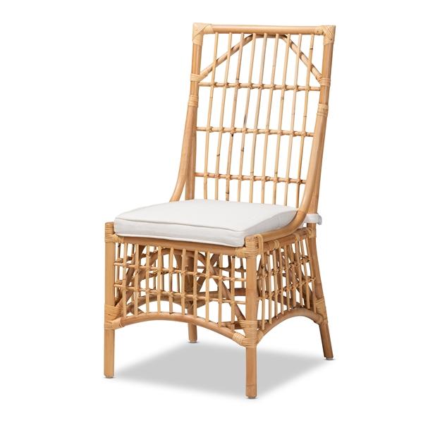 baxton studio bali & pari Rose Modern Bohemian White Fabric Upholstered and Natural Brown Rattan Dining Chair