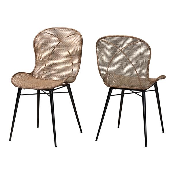 baxton studio bali & pari Sabelle Japandi Greywashed Rattan and Black Metal 2-Piece Dining Chair Set