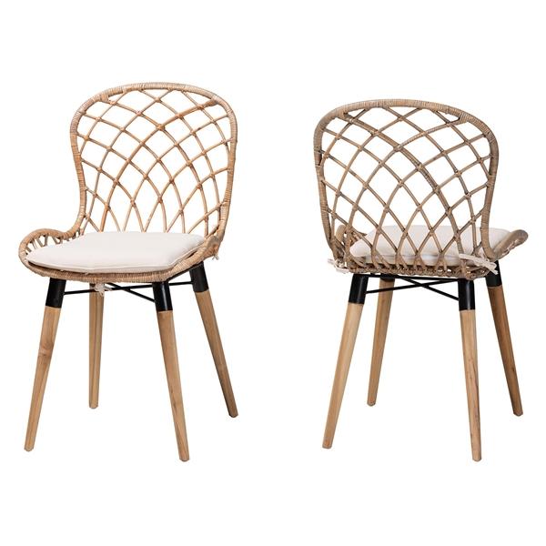baxton studio bali & pari Sabelle Modern Bohemian Natural Brown Finished Teak Wood and Greywashed Rattan 2-Piece Dining Chair Set