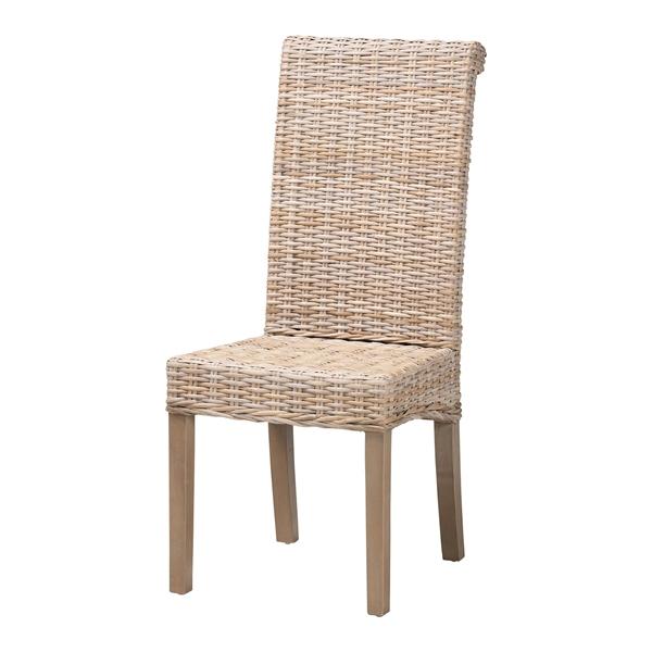 baxton studio bali & pari Santiago Bohemian Grey Natural Kubu Rattan and Mango Wood Dining Chair