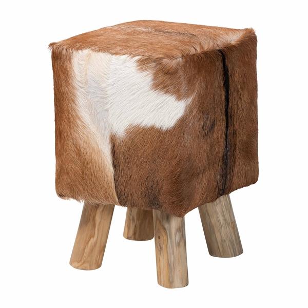 baxton studio bali & pari Scotlyn Genuine Goat Leather Footstool with Teak Wood Legs - Rustic Boho Accent Seat with Natural Hide Upholstery Handmade Decorative Footrest for Living Room or Bedroom