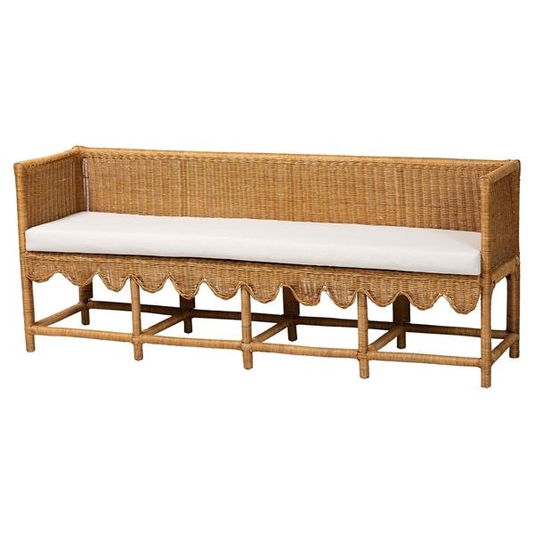 baxton studio bali & pari Seranay Bohemian Scallop Light Honey Rattan Long Dining Bench
