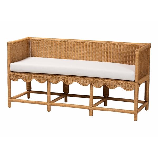 baxton studio bali & pari Seranay Bohemian Scallop Light Honey Rattan Accent Bench