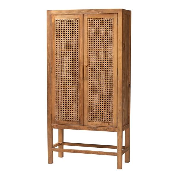 baxton studio bali & pari Sibu Bohemian Natural Rattan and Teak Wood Tall Cabinet