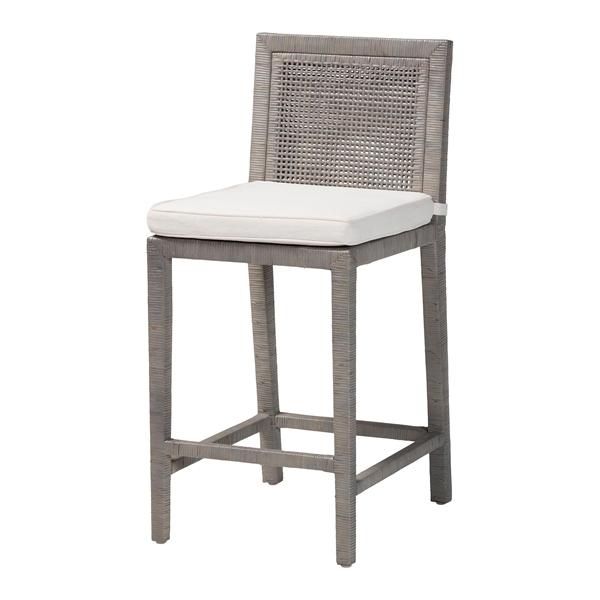 baxton studio bali & pari Sofia Rattan Counter Stool with Mahogany Wood Frame - Handwoven Wicker Counter Height Chair with Cushion Coastal Boho Style Kitchen Island Seating French Grey