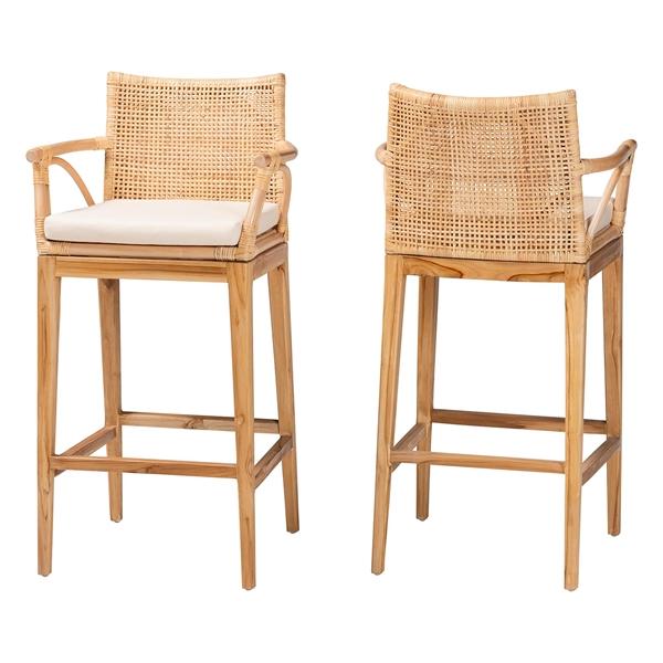 baxton studio bali & pari Storsel Bohemian Natural Rattan and Teak Wood 2-Piece Bar Stool Set