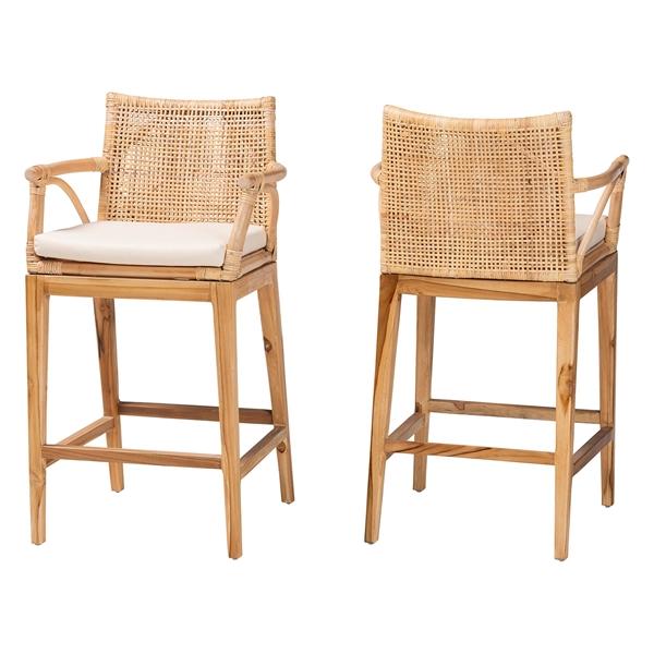 baxton studio bali & pari Storsel Bohemian Natural Rattan and Teak Wood 2-Piece Counter Stool Set