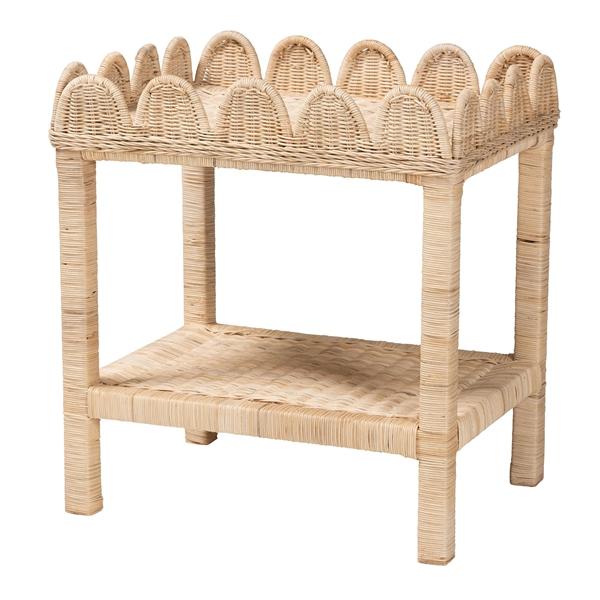 baxton studio bali & pari Sumana Bohemian Scallop Natural Rattan and Mahogany Side Table
