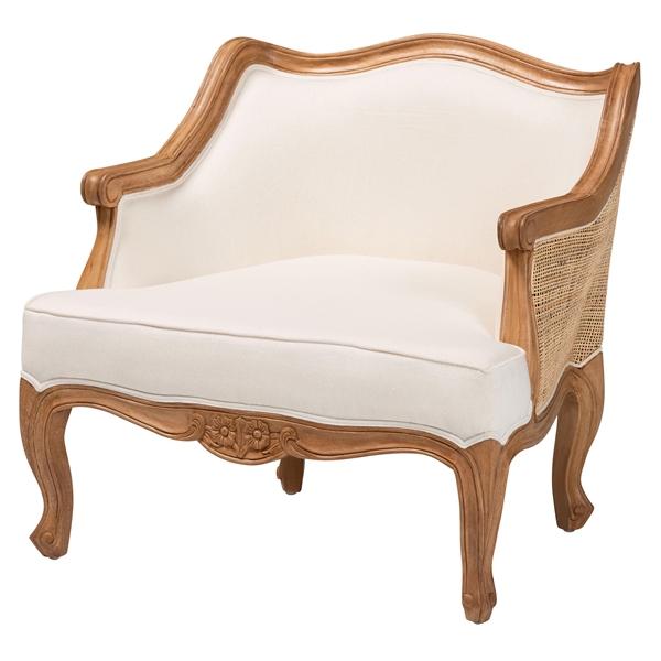 baxton studio bali & pari Sylvestra Traditional French Beige Fabric and Honey Oak Finished Wood Low Seat Accent Chair