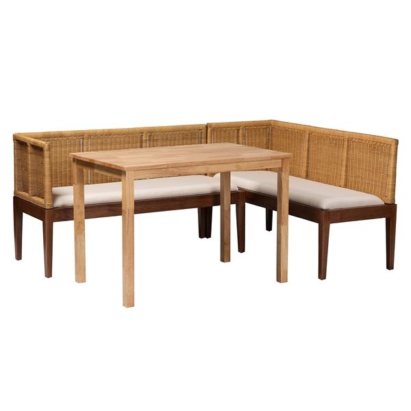baxton studio bali & pari Tabanan Modern Bohemian Natural Brown Rattan and Brown Acacia Wood 3-Piece Dining Nook set
