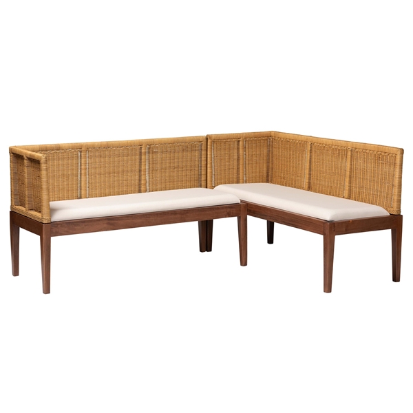 baxton studio bali & pari Tabanan Modern Bohemian Nautral Brown Rattan and Brown Acacia Wood 2-Piece Dining Nook Banquette Set