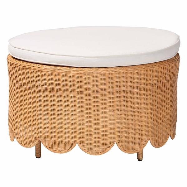 baxton studio bali & pari Teresa Bohemian Light Honey Scalloped Rattan Ottoman