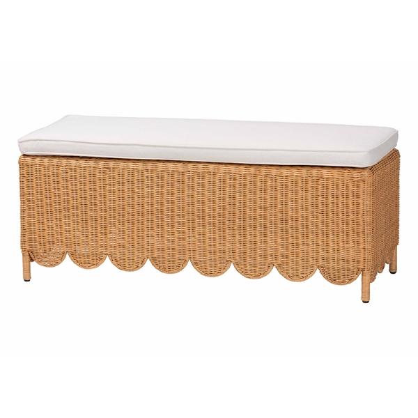 baxton studio bali & pari Teresa Bohemian Light Honey Scalloped Rattan Ottoman Bench