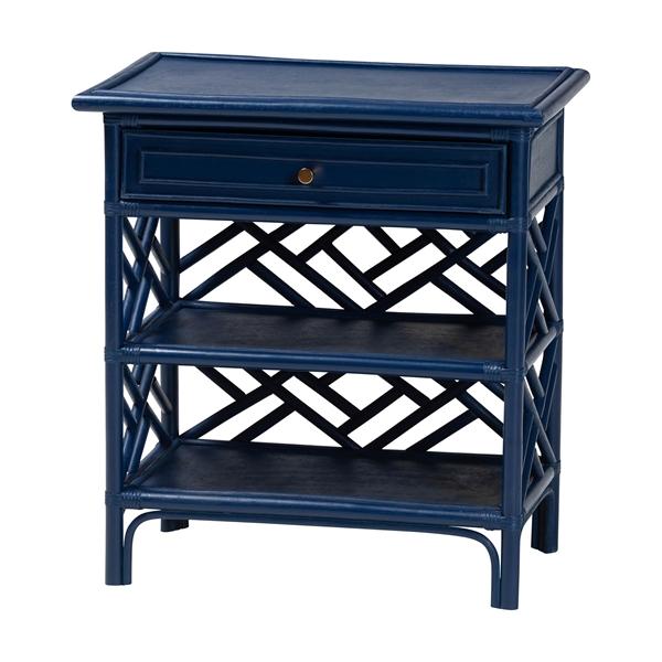 baxton studio bali & pari Tiaret Natural Rattan Nightstand with Drawer and Shelves - Chippendale -Style Bedside Table for Bedroom or Coastal Living Spaces Blue