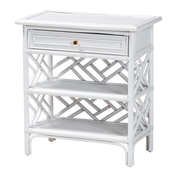 baxton studio bali & pari Tiaret Natural Rattan Nightstand with Drawer and Shelves - Chippendale -Style Bedside Table for Bedroom or Coastal Living Spaces White