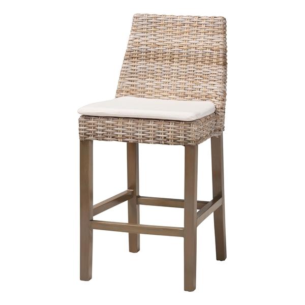 baxton studio bali & pari Toby Modern Bohemian Grey Kubu Rattan and Rustic Taupe Finished Mahogany Wood Counter Stool