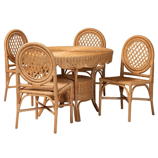 baxton studio bali & pari Troy 5-Piece Rattan Dining Set - Round Wicker Table with Scallop Edge and 4 Lattice Back Chairs Handwoven Boho Coastal Style for Indoor Kitchen or Dining Room Light Honey