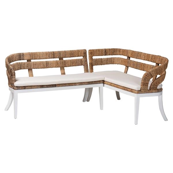 baxton studio bali & pari Ubud Seagrass Dining Nook Set with Mahogany Wood Frame - L-Shaped Rattan Accent Corner Bench for Kitchen or Dining Room 2-Piece
