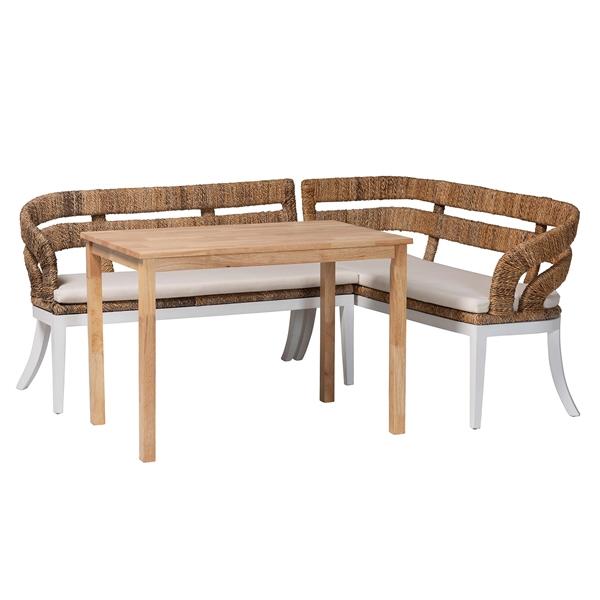 baxton studio bali & pari Ubud Seagrass Dining Nook Set with Wood Dining Table and Cushioned L-Shaped Bench - Coastal Farmhouse Breakfast Corner Furniture Set for Kitchen or Dining Room 3-Piece