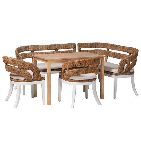 baxton studio bali & pari Ubud Seagrass Dining Nook Set with Wood Table Cushioned L-Shaped Bench and Chairs - Coastal Farmhouse Breakfast Corner Furniture Set for Kitchen or Dining Room 5-Piece