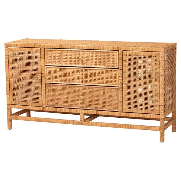 baxton studio bali & pari Vivan Bohemian Honey Rattan and Mahogany Wood 3-Drawer Storage Cabinet
