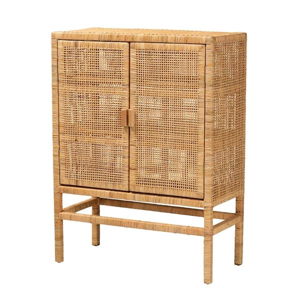 baxton studio bali & pari Vivan Modern Bohemian Natural Brown Rattan and Mahogany Wood 3-Shelf Storage Cabinet