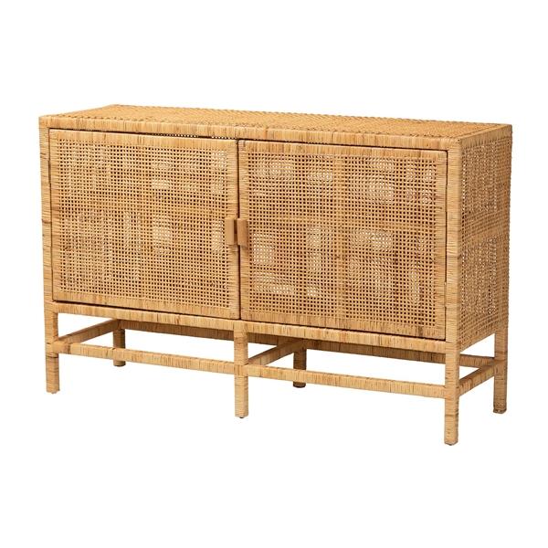 baxton studio bali & pari Vivan Modern Bohemian Natural Brown Rattan and Mahogany Wood Storage Cabinet