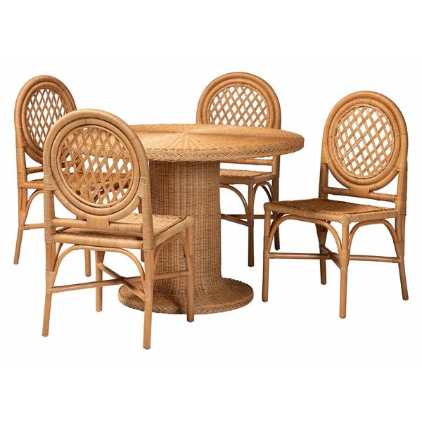 baxton studio bali & pari Winslow 5-Piece Rattan Dining Set - Round Wicker Table with Pedestal Base and 4 Lattice Back Chairs Handwoven Boho Coastal Style for Indoor Kitchen or Dining Room Light Honey