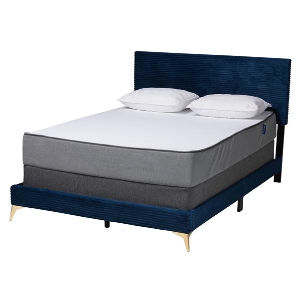 baxton studio Baxton Studio Abberton Modern and Contemporary Navy Blue Velvet and Gold Metal Queen Size Panel Bed
